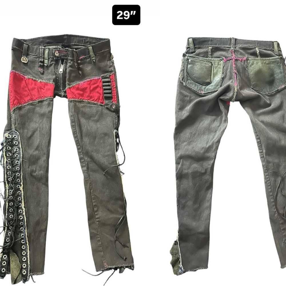 UNISEX Agatha Blois Low rise Lace up Boot Cut Jeans with Red and Green details